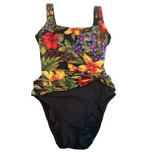 Croft & Barrow Swimsuit Size 12 Black Tropical Floral Animal Print Tummy Control